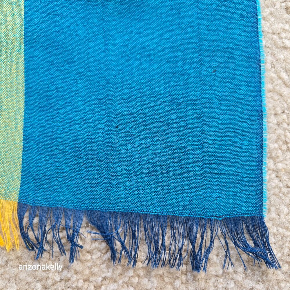 100% Wool Lightweight Checked Scarf Blue White Yellow Made in Scotland - Picture 8 of 12